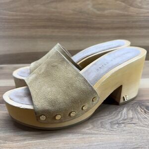 Veronica Beard Beige Suede Wood-Platform Slide Sandals
